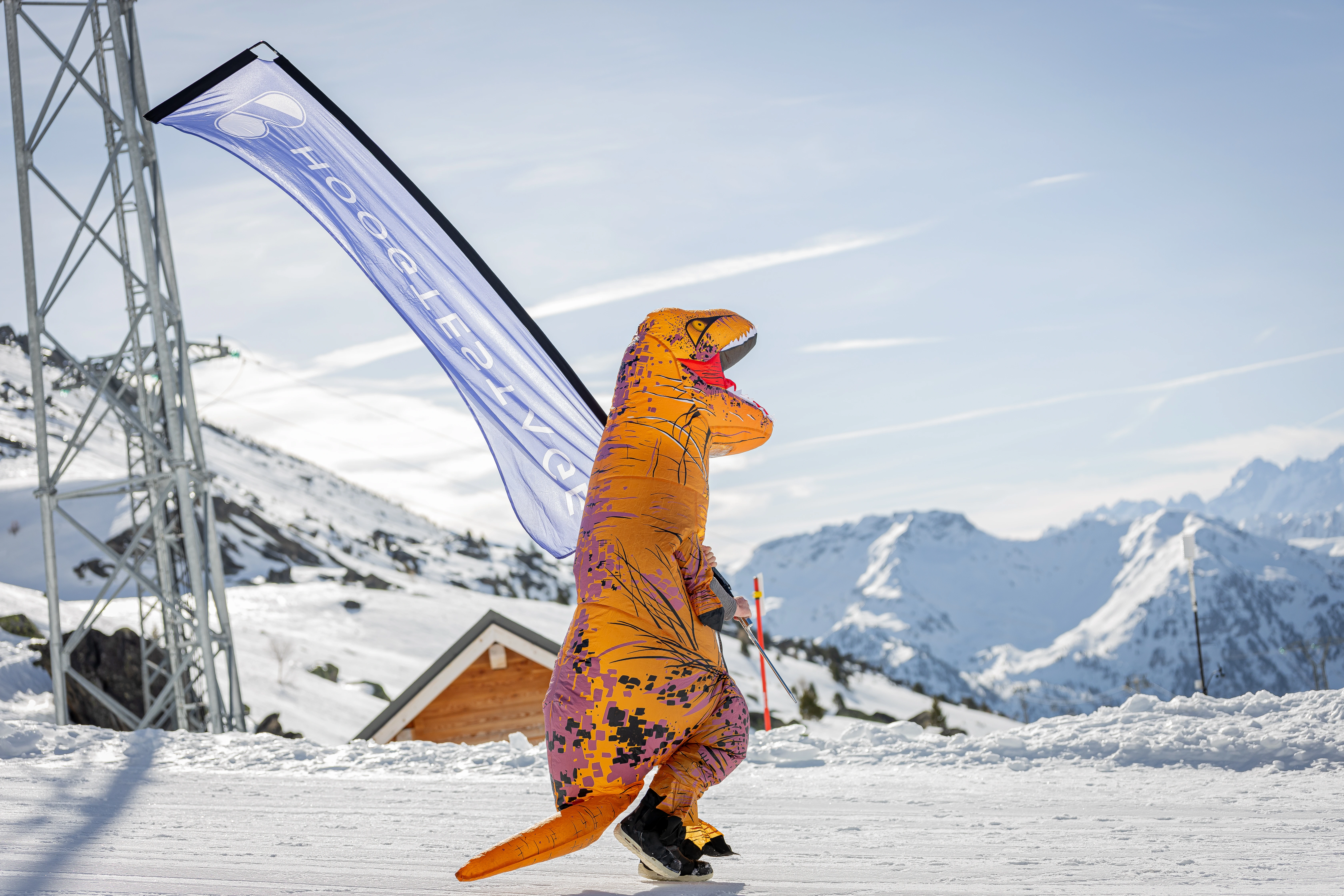 Portfolio foto 3, iemand in een dino pak die in de sneeuw aan het wandelen is met een vlag van hoogtestage